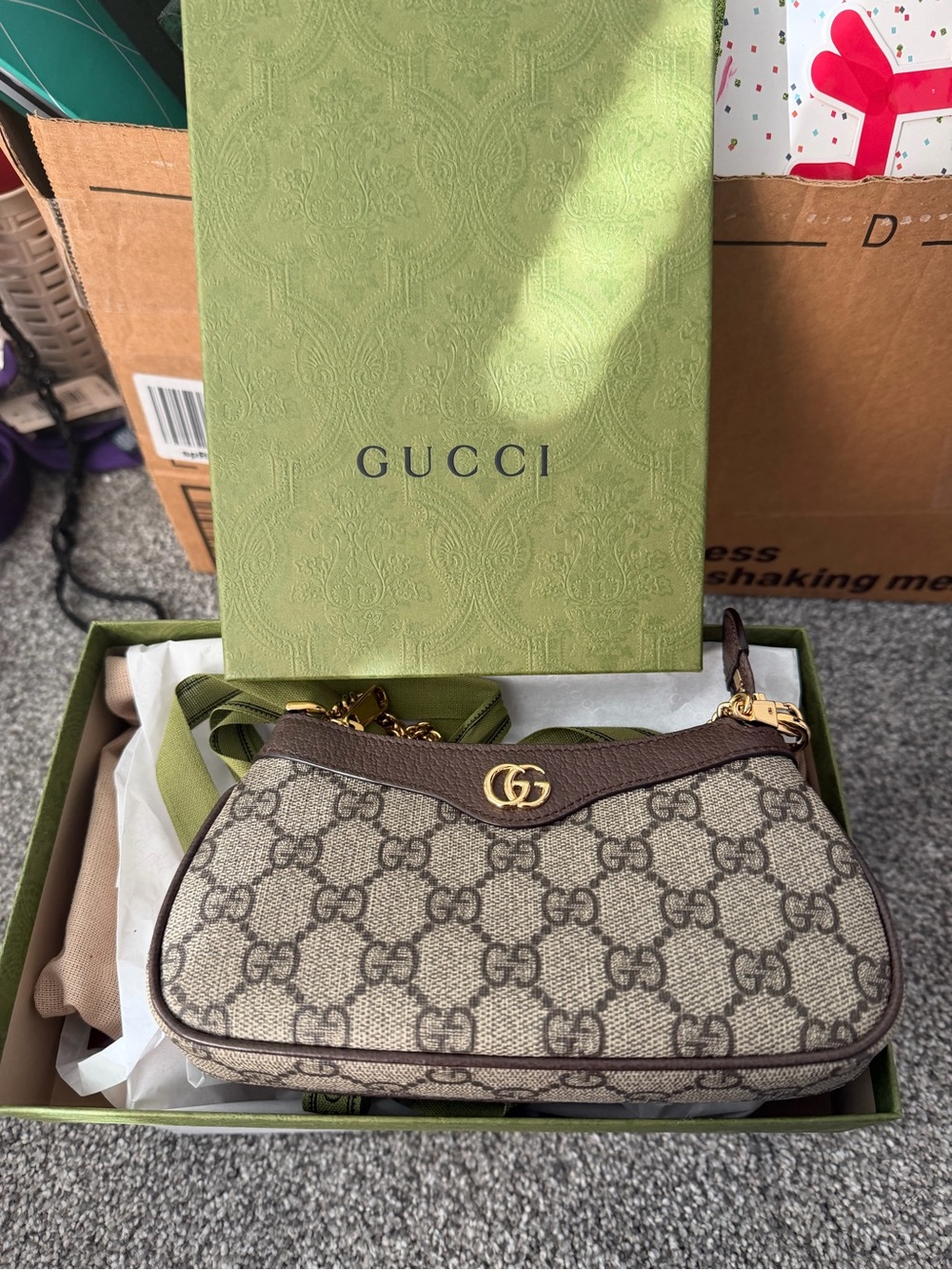 Gucci Beige GG Canvas Mini Shoulder Bag with Brown Trim and Gold Hardware